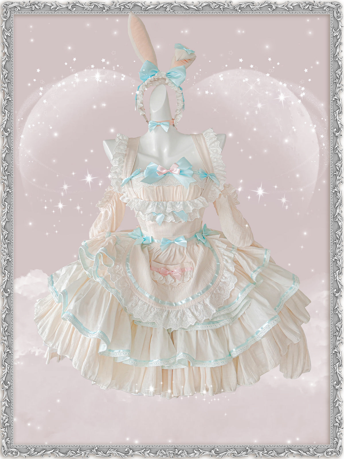 Maid Outfit Sweet Lolita Mint Pink Sweet Lolita Maid Dress with Bunny Ears Headpiece