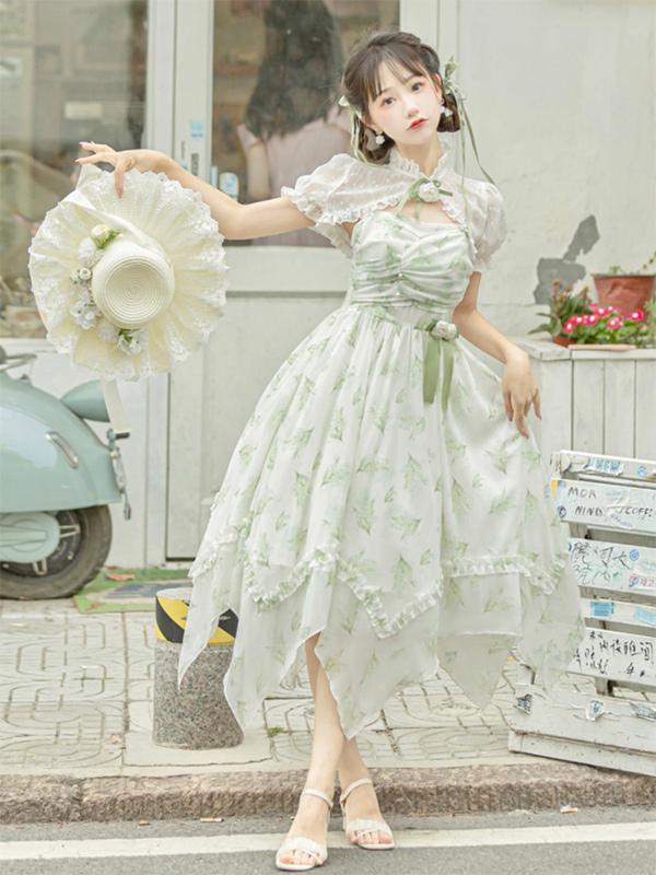 Qi Lolita Mori Kei Fashion Light green Sleeveless Chiffon Sweetheart  Irregular Long Skirt