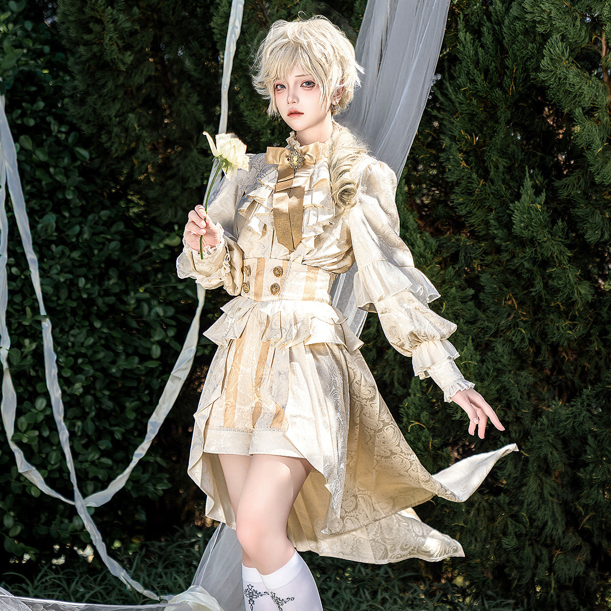 Ouji Fashion Lolita Overalls Long Sleeve Bow Bow Daily Cute Wind Suit Ivory Shorts