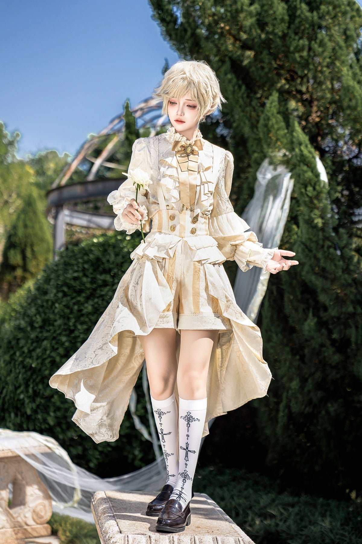 Ouji Fashion Lolita Overalls Long Sleeve Bow Bow Daily Cute Wind Suit Ivory Shorts