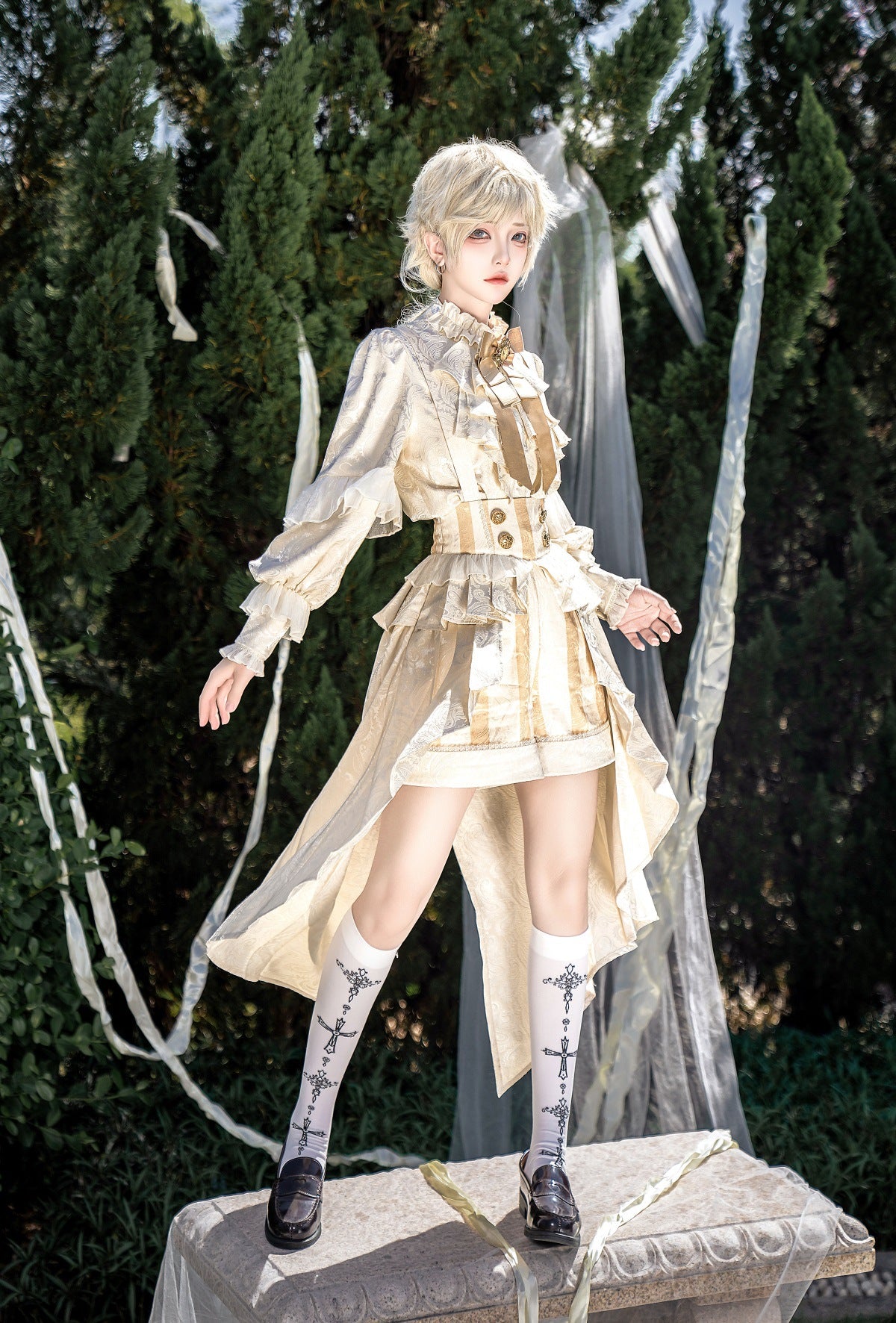 Ouji Fashion Lolita Overalls Long Sleeve Bow Bow Daily Cute Wind Suit Ivory Shorts