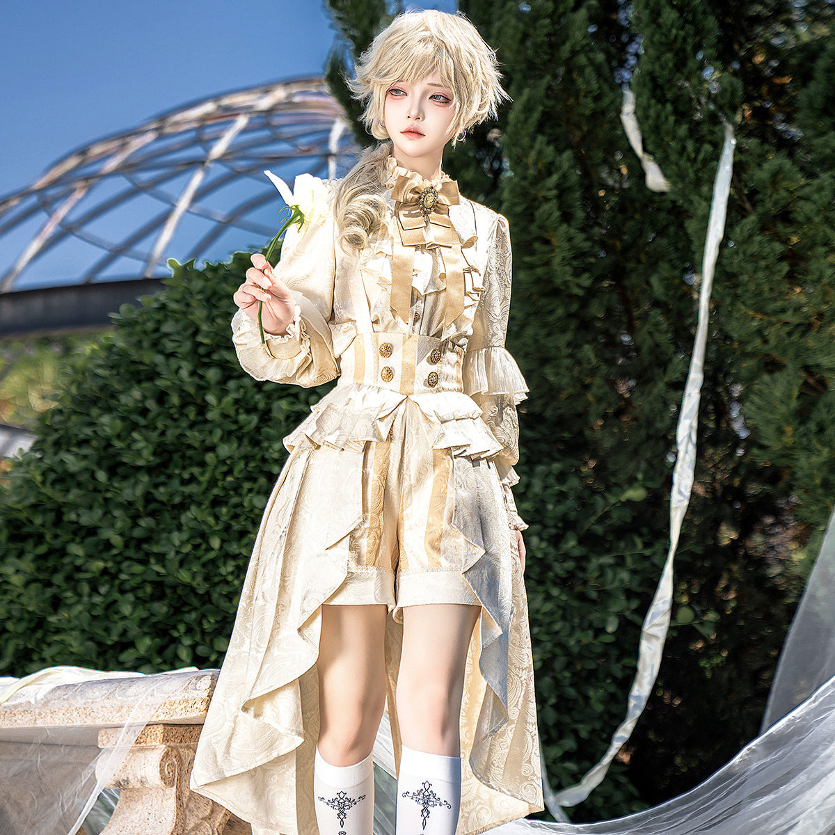 Ouji Fashion Lolita Overalls Long Sleeve Bow Bow Daily Cute Wind Suit Ivory Shorts