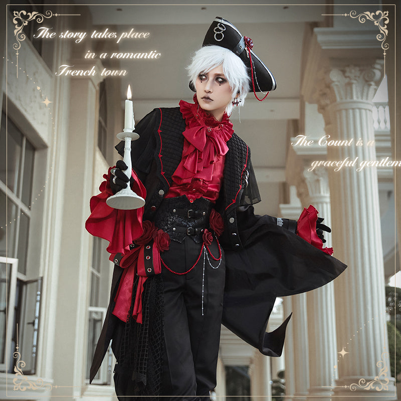Ouji Fashion Style Red Ruffled Shirt Set Blouse Long pants