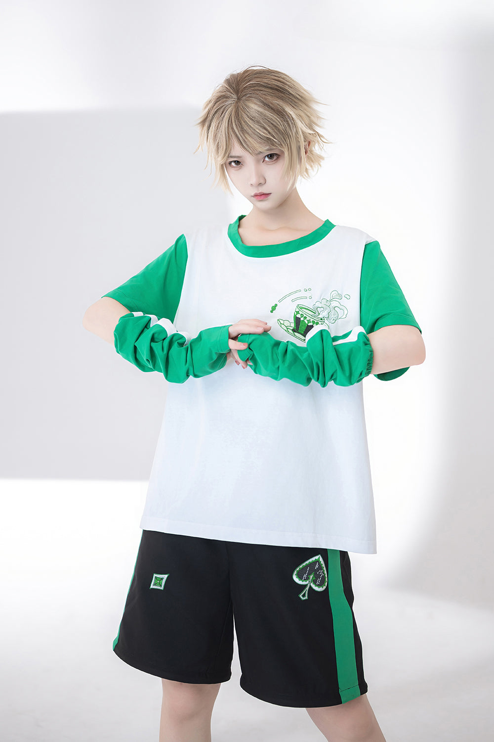 Ouji Fashion Summer Princess Chronicles White Green Printed Shirt Shorts Set