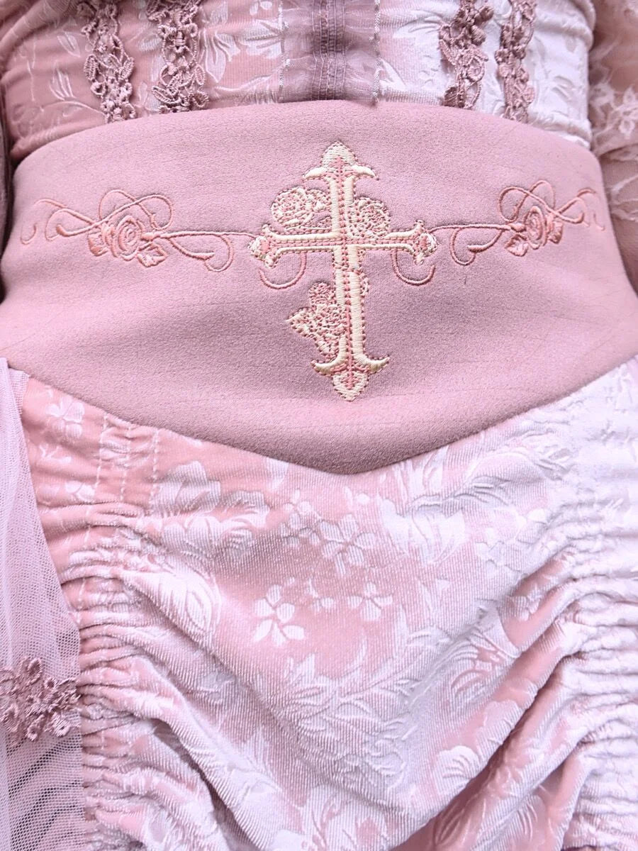 Pink Lace Detailed Sheer Train Horned Headpiece Goth Lolita Outfit