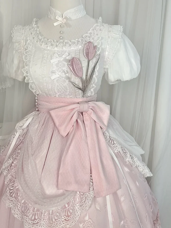 Sweet Lolita Qi Pink Tulips with Ruffles Lace Princess Dress Daily Wear