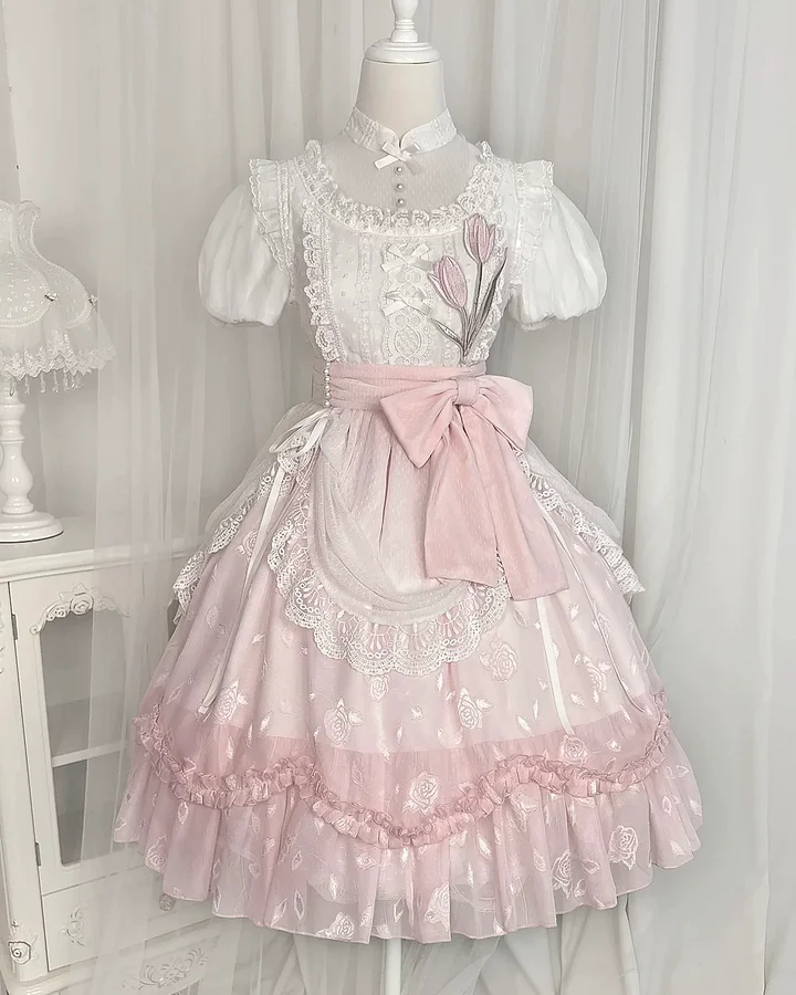 Sweet Lolita Qi Pink Tulips with Ruffles Lace Princess Dress Daily Wear