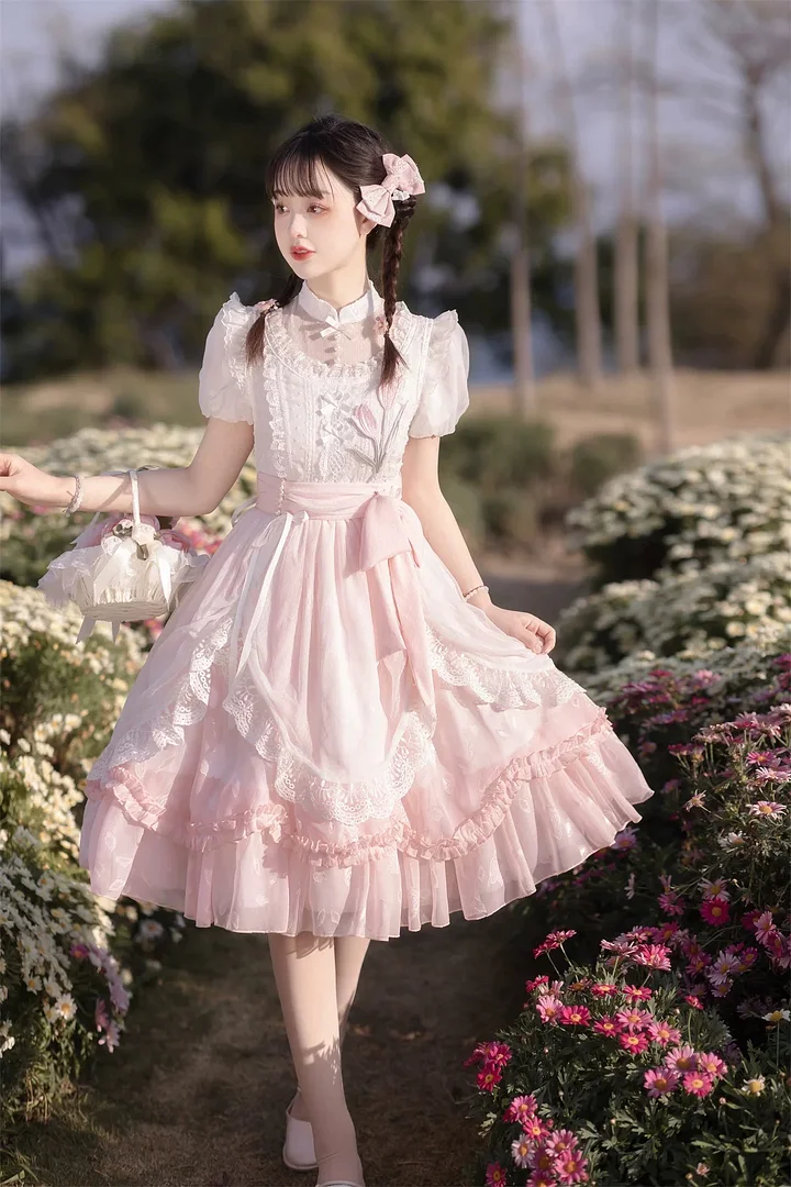 Sweet Lolita Qi Pink Tulips with Ruffles Lace Princess Dress Daily Wear