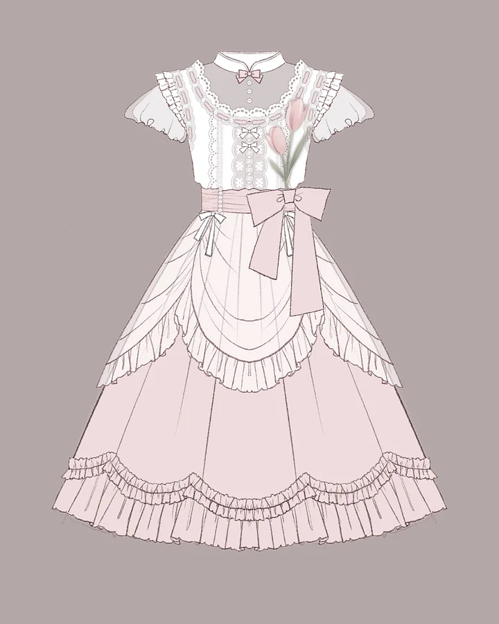 Sweet Lolita Qi Pink Tulips with Ruffles Lace Princess Dress Daily Wear
