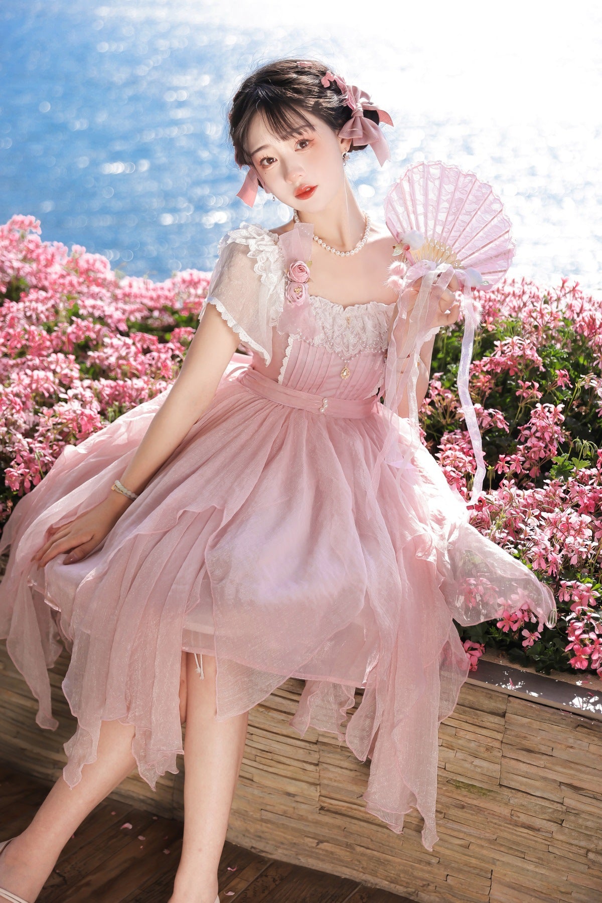 Hime Lolita Pink Fluffy Princess Dress JSK Flower Fairy