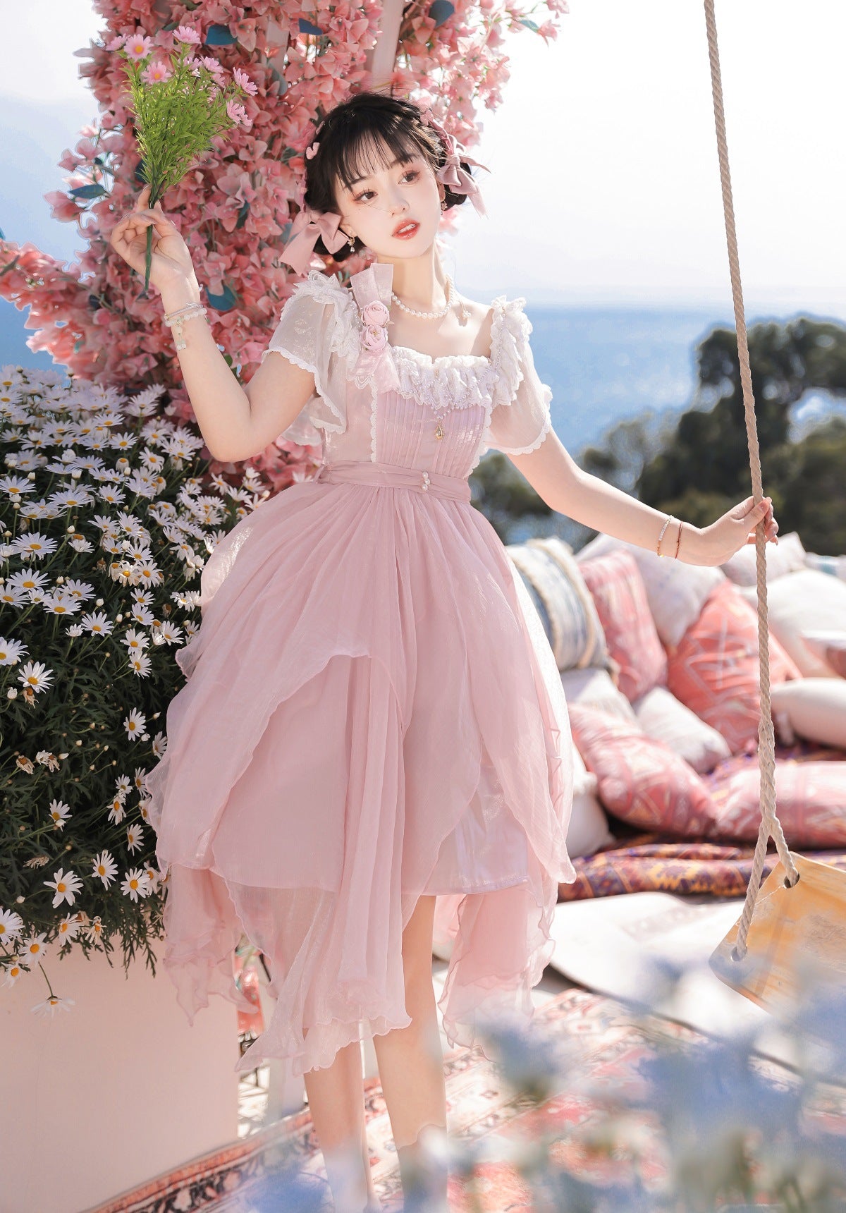 Hime Lolita Pink Fluffy Princess Dress JSK Flower Fairy