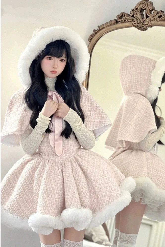 Pink Woolen Elegant Tube Dress Lolita Princess Dress in Winter Plush Cloak Three Piece Set