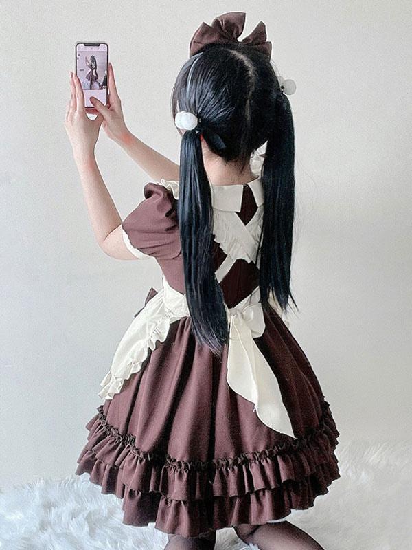 Maid Outfit Brown Chocolate Lolita Polyester Short Sleeve Casual Simple Daily