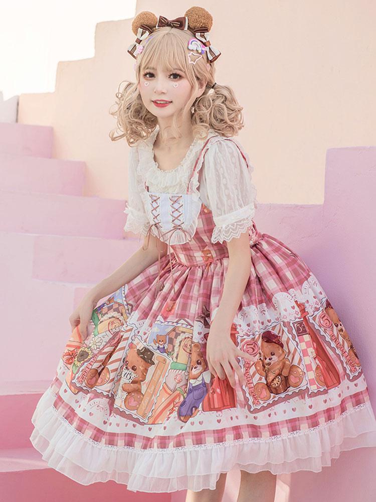 Sweet Lolita Pink Printed Bear Polyester Sleeveless Elastic Tie Design Daily Wear Light Lolita