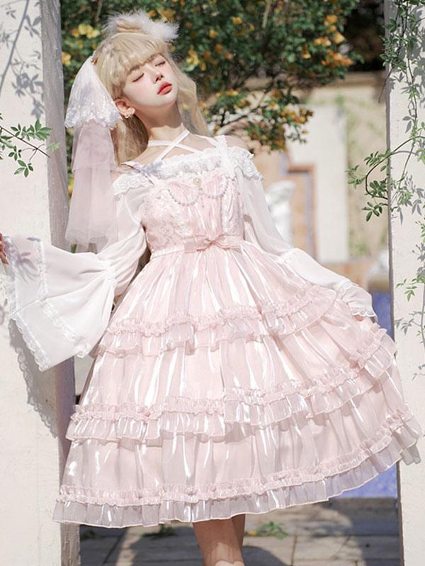 Hime Lolita Pink White Wedding Polyester Sleeveless Ruffle Hem Cake Dress