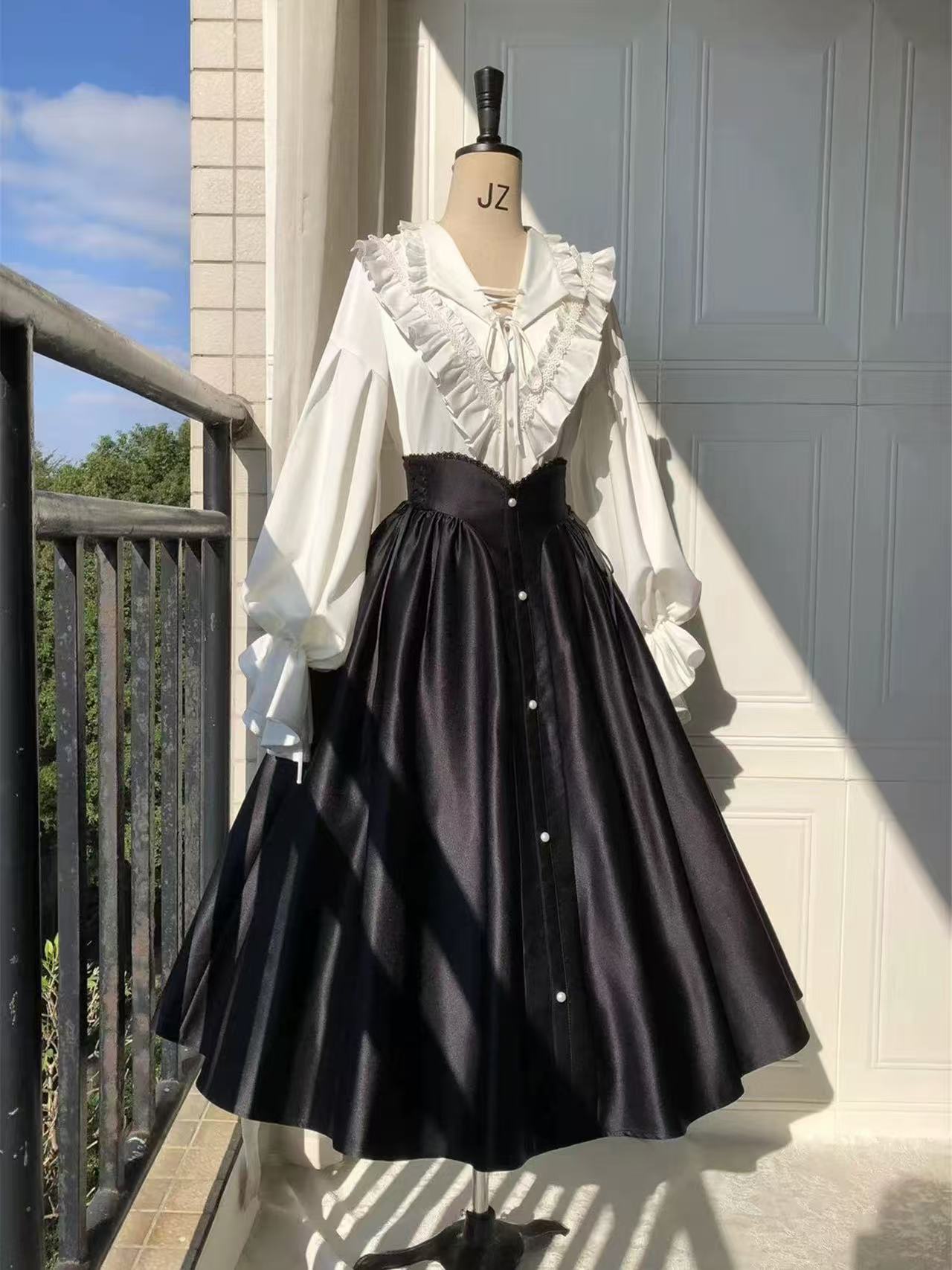 [Pre]Goth Lolita Long Dress Red White Shirt Waist-Cinched Elegant Daily Halloween Outfit