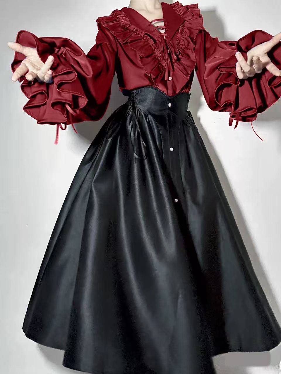 [Pre]Goth Lolita Long Dress Red White Shirt Waist-Cinched Elegant Daily Halloween Outfit
