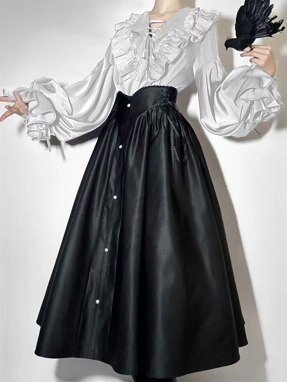 [Pre]Goth Lolita Long Dress Red White Shirt Waist-Cinched Elegant Daily Halloween Outfit