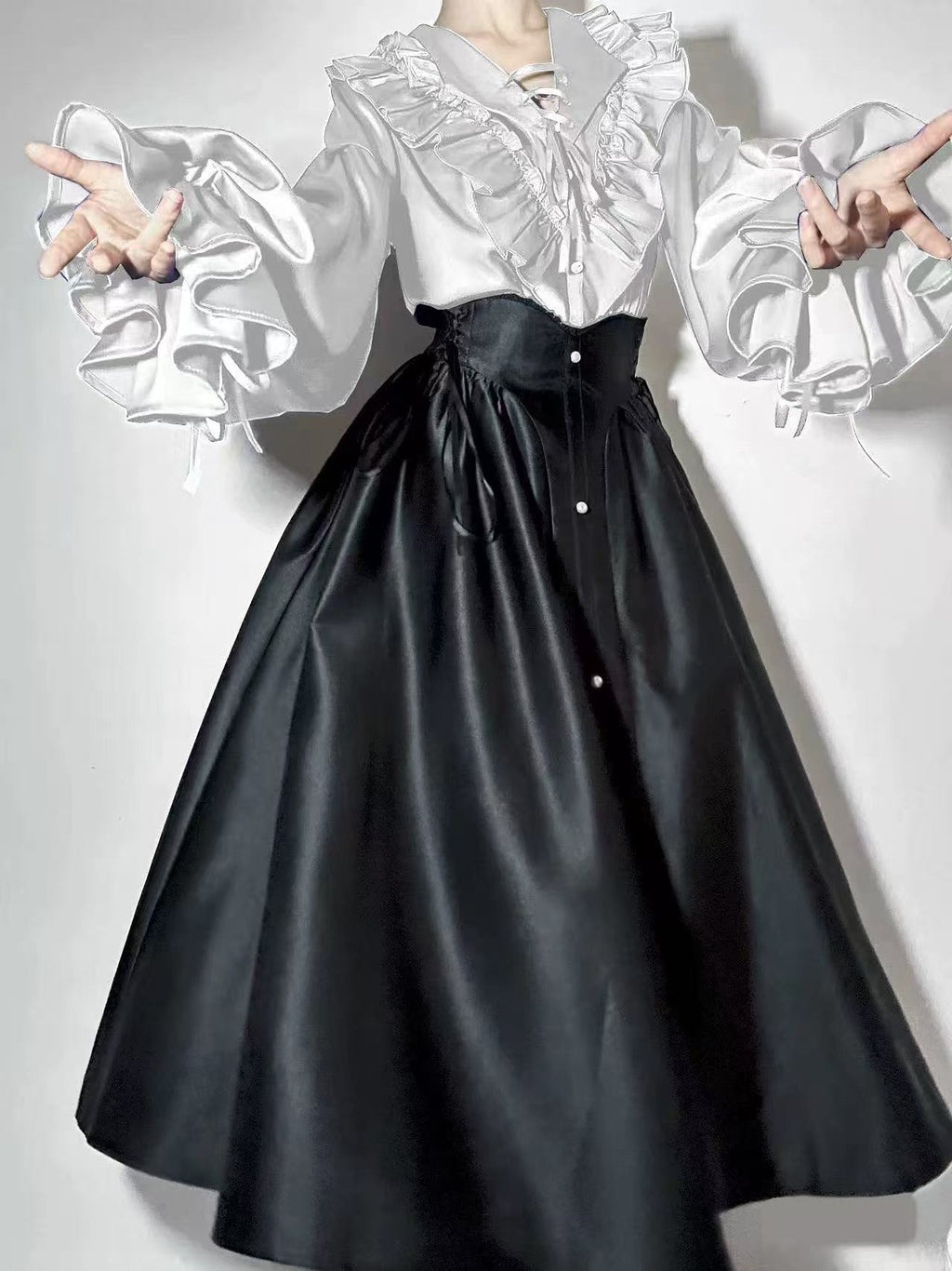 [Pre]Goth Lolita Long Dress Red White Shirt Waist-Cinched Elegant Daily Halloween Outfit