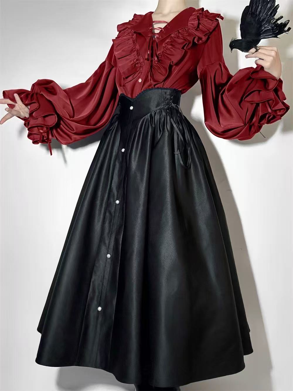 [Pre]Goth Lolita Long Dress Red White Shirt Waist-Cinched Elegant Daily Halloween Outfit