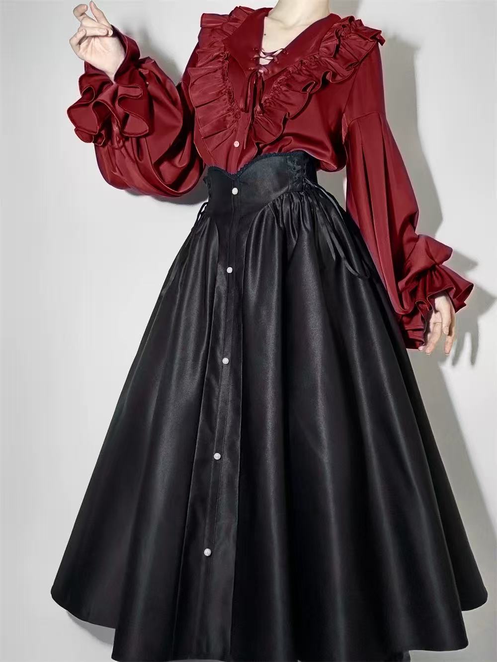[Pre]Goth Lolita Long Dress Red White Shirt Waist-Cinched Elegant Daily Halloween Outfit