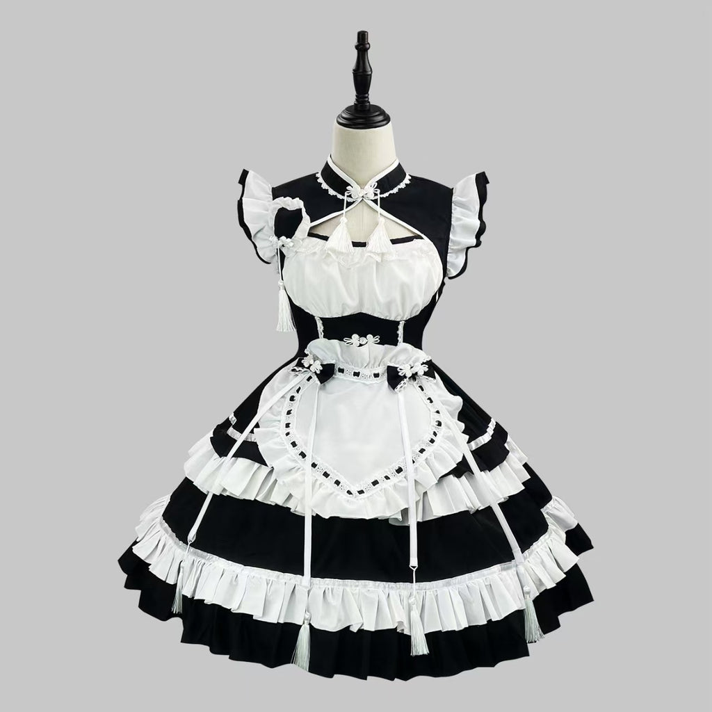 [Pre]Qi Lolita Outfit Black Pink Ruffle Cake Dress Style Lolita Clothes Fashion