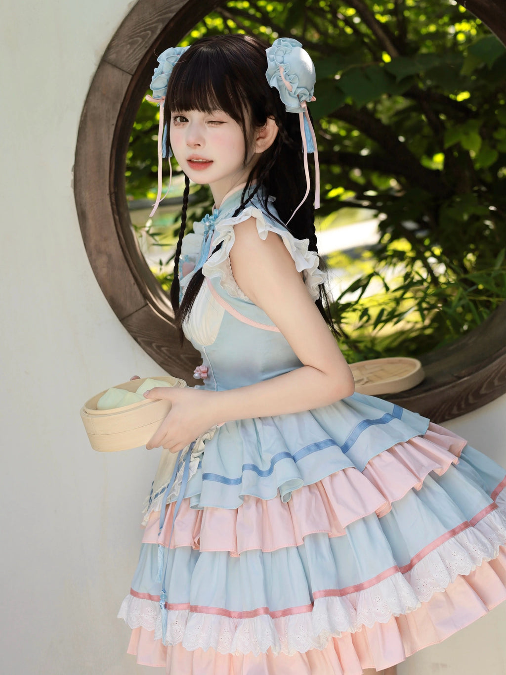 [Pre]Qi Lolita Outfit Black Pink Ruffle Cake Dress Style Lolita Clothes Fashion
