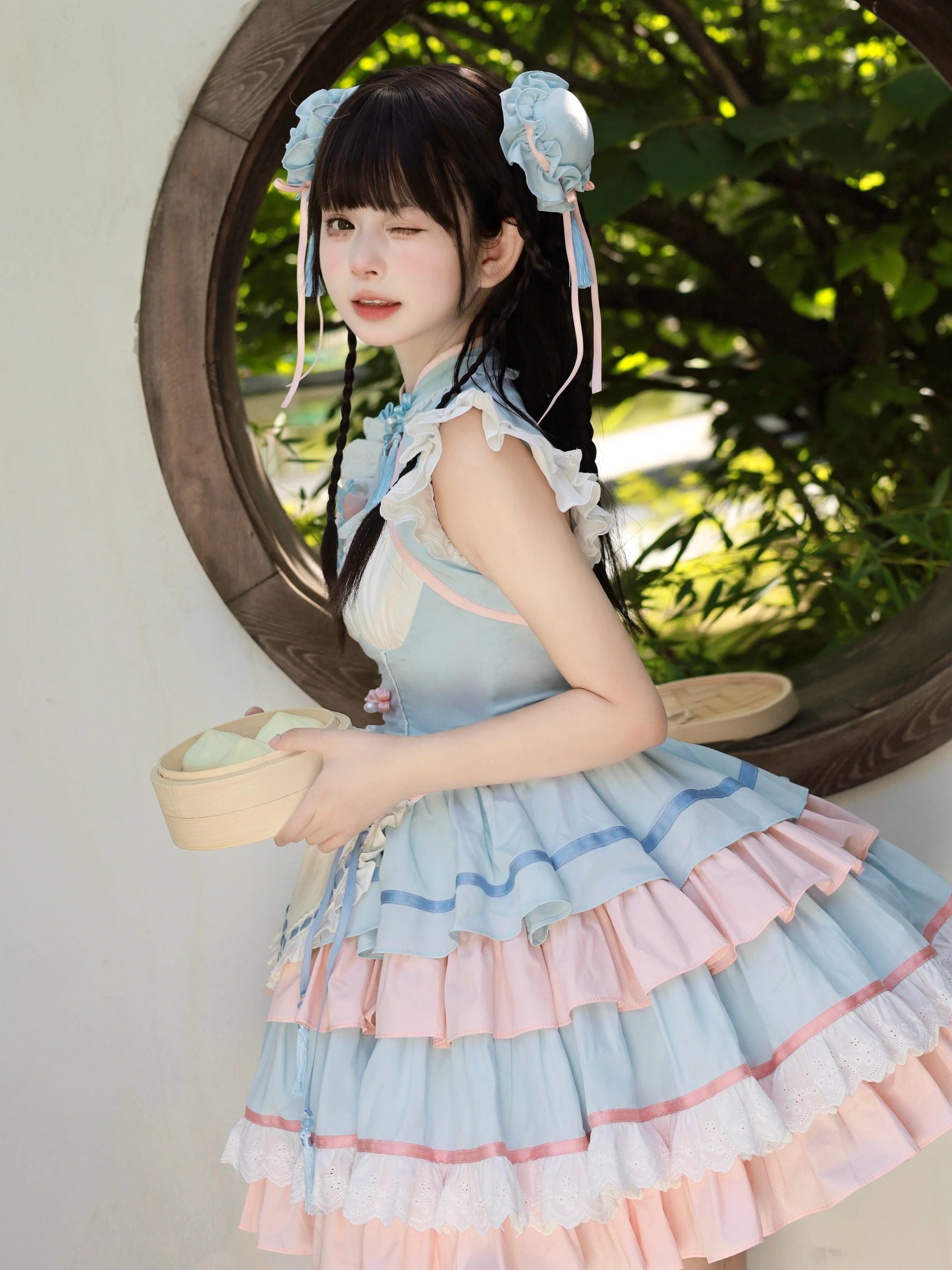 [Pre]Qi Lolita Outfit Black Pink Ruffle Cake Dress Style Lolita Clothes Fashion