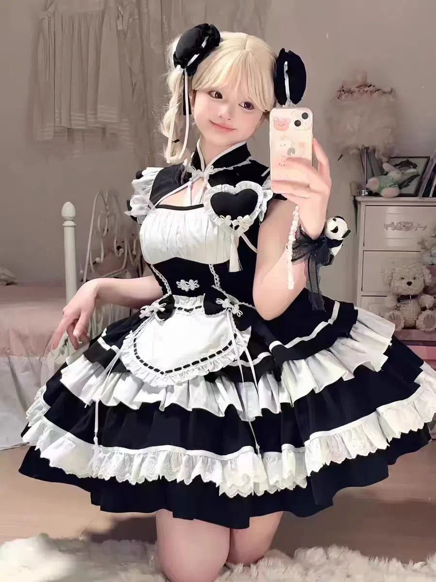 [Pre]Qi Lolita Outfit Black Pink Ruffle Cake Dress Style Lolita Clothes Fashion