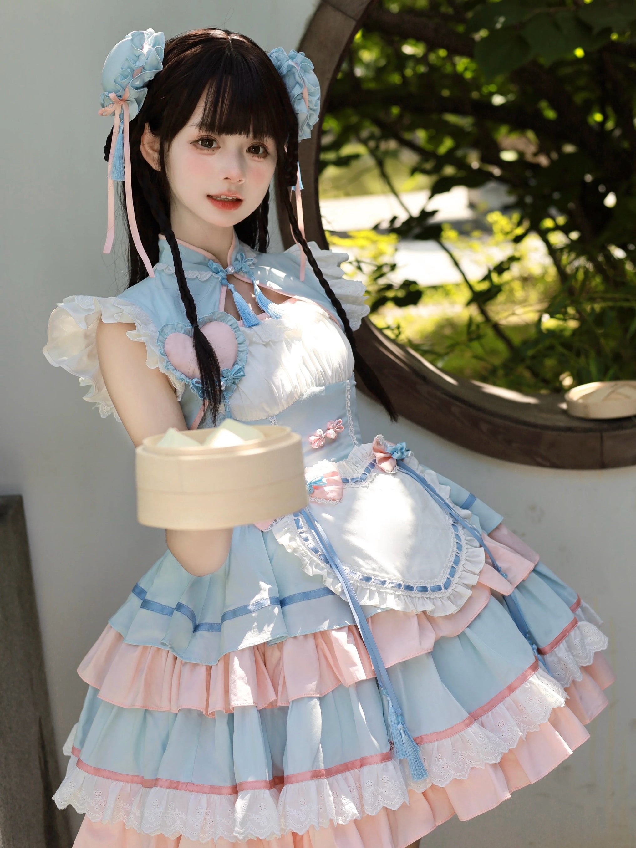 [Pre]Qi Lolita Outfit Black Pink Ruffle Cake Dress Style Lolita Clothes Fashion