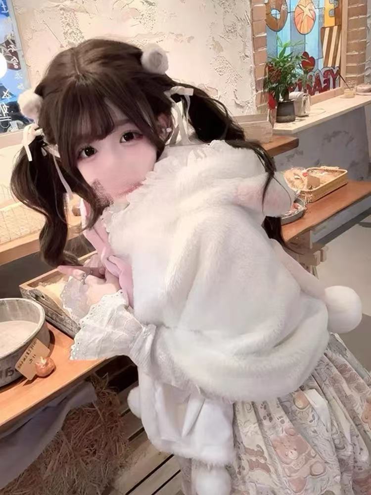 [Pre]Lolita Coat Cape Pink Fluffy Bow Sweet Soft Christmas New Year Winter Outfit
