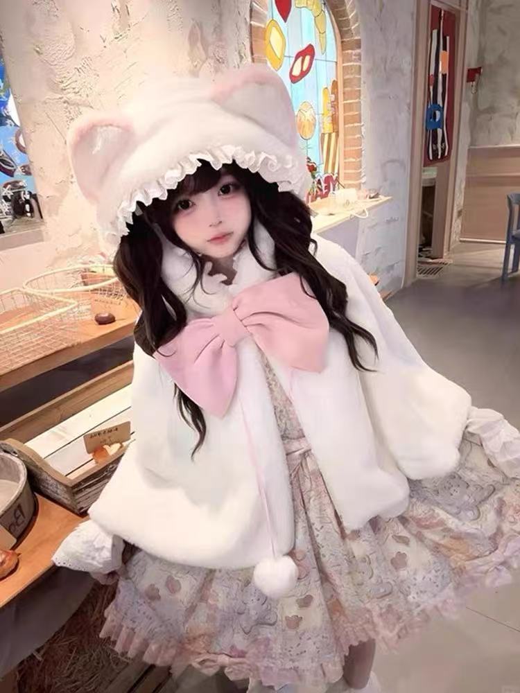 [Pre]Lolita Coat Cape Pink Fluffy Bow Sweet Soft Christmas New Year Winter Outfit