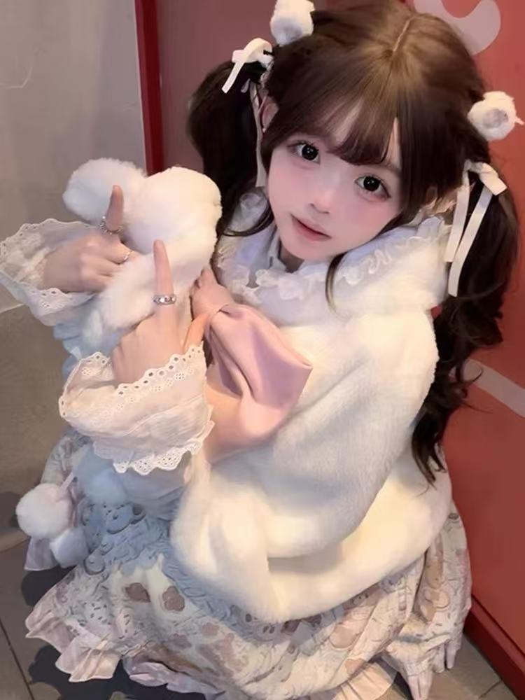 [Pre]Lolita Coat Cape Pink Fluffy Bow Sweet Soft Christmas New Year Winter Outfit