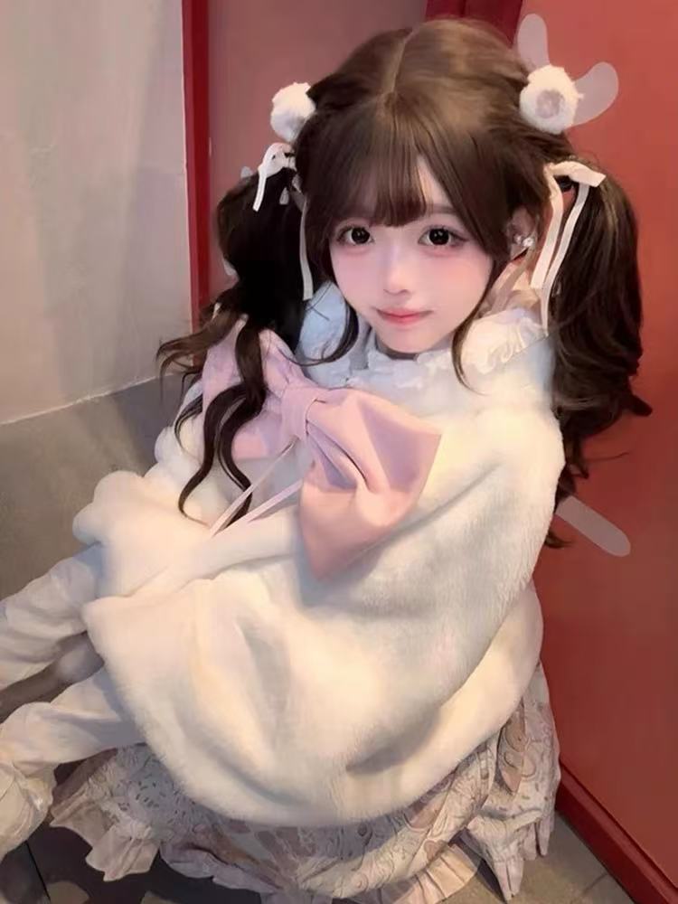 [Pre]Lolita Coat Cape Pink Fluffy Bow Sweet Soft Christmas New Year Winter Outfit