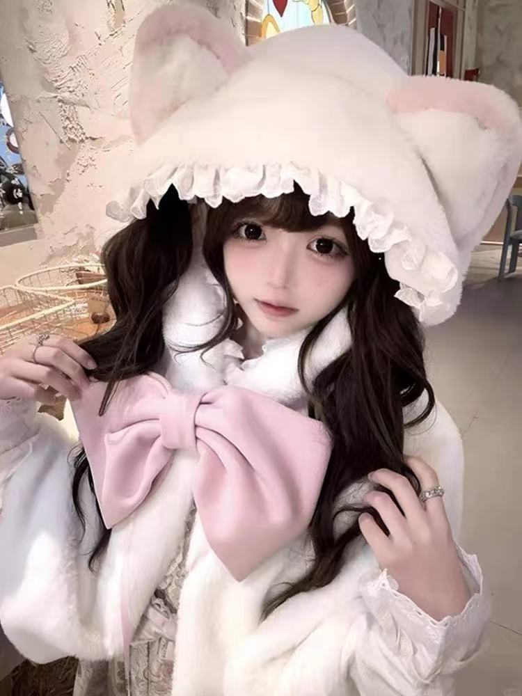 [Pre]Lolita Coat Cape Pink Fluffy Bow Sweet Soft Christmas New Year Winter Outfit
