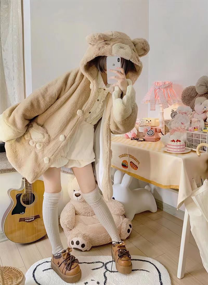 [Pre]Lolita Coat Overcoat Brown Plush Thick Cute Winter Plus Size Daily Outfit