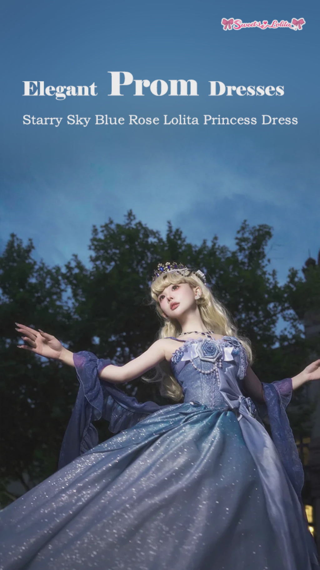 Hime Lolita Tea Party Fashion Starry Sky Blue Rose Princess Prom Dresses Graduation Ceremony