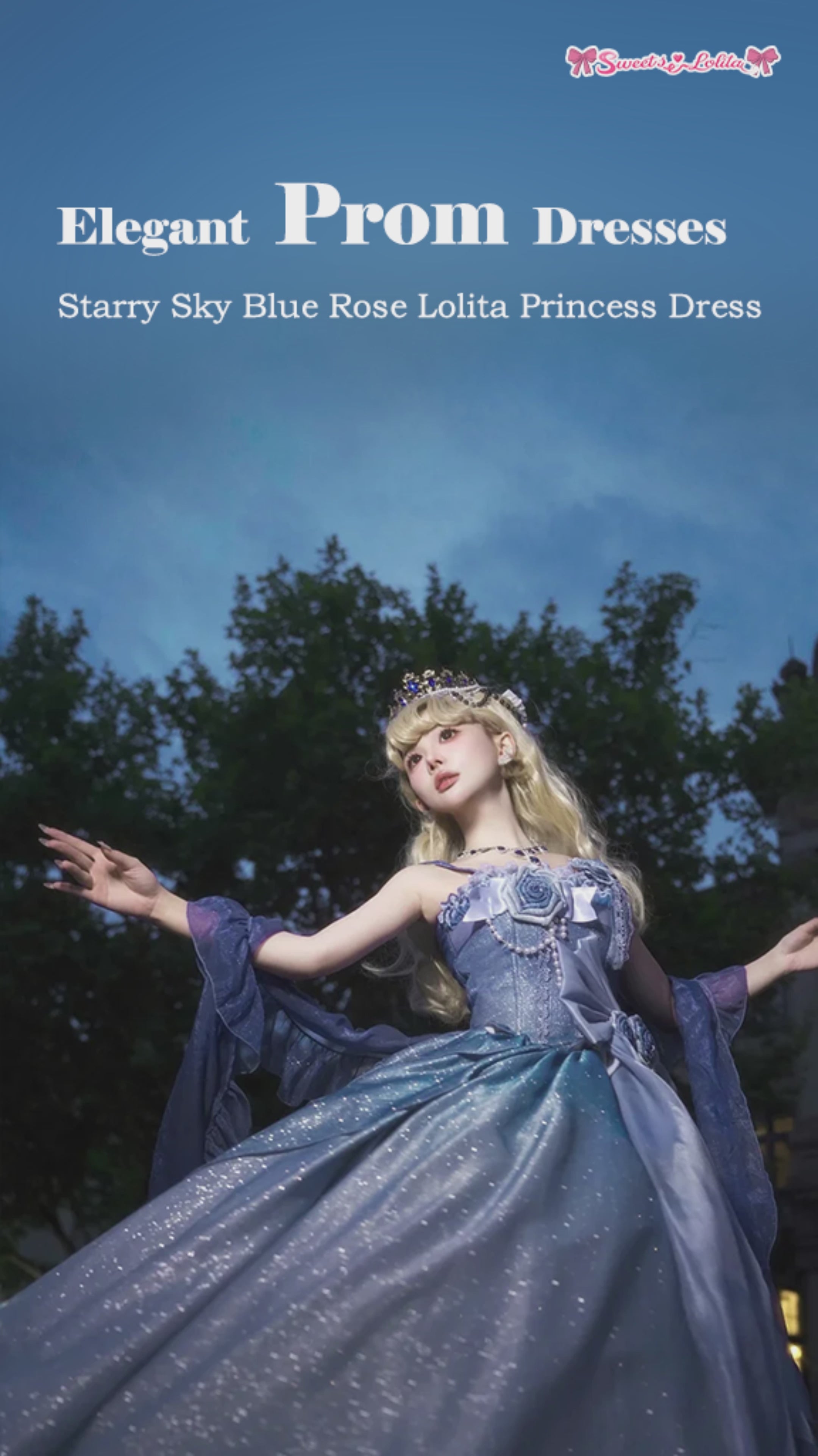Hime Lolita Tea Party Fashion Starry Sky Blue Rose Princess Prom Dresses Graduation Ceremony