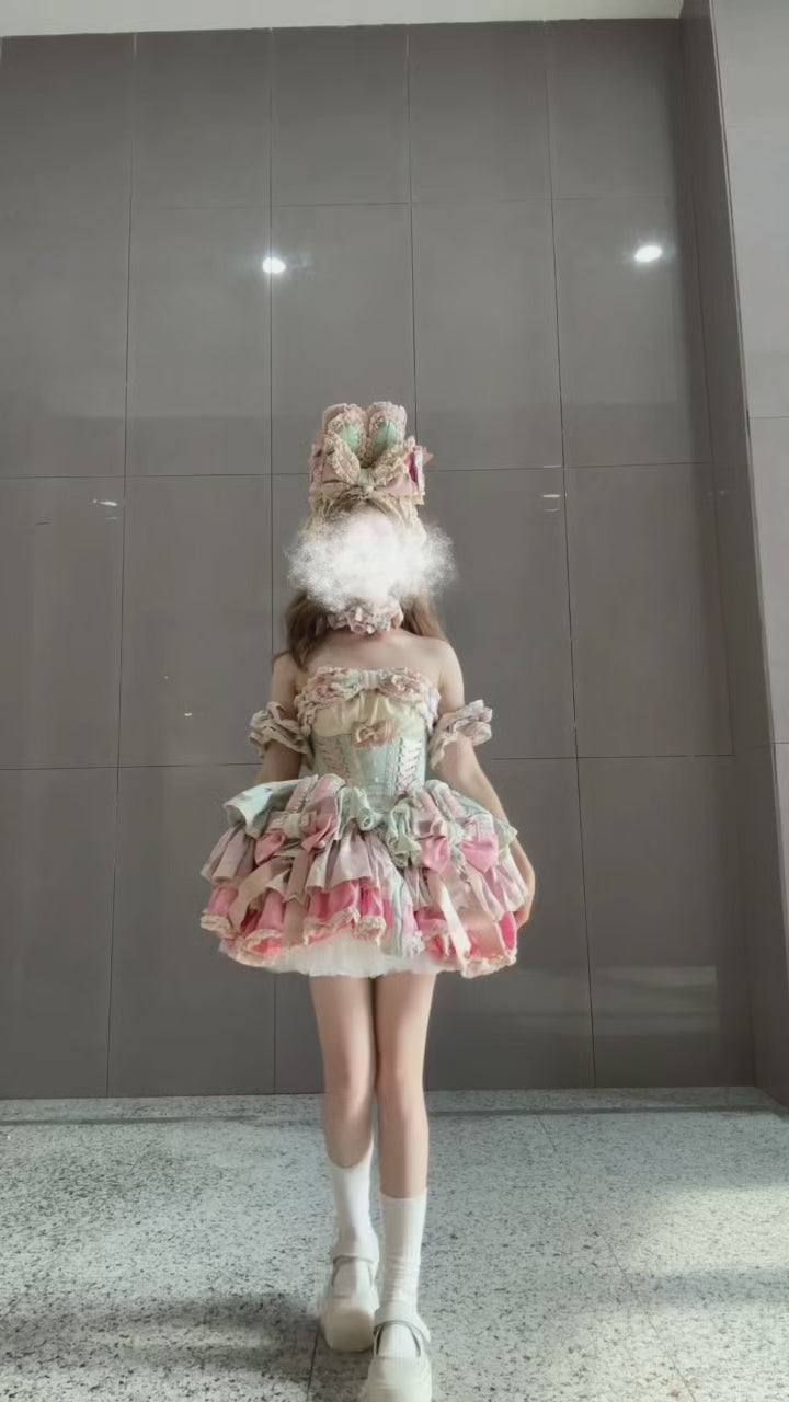Ribbon Bow Sweet Lolita Dress Ballet Style Bunny Ears Cake Dress Pink-green Ruffles Short Dress