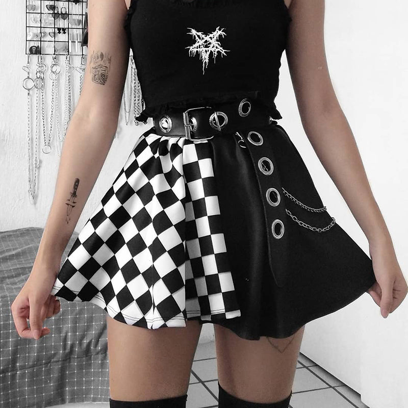 Punk Style Contrasting Color Black and White Checkerboard Skirt Splicing Clothing Skirt Lolita Dresses
