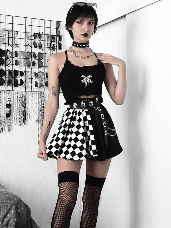 Punk Style Contrasting Color Black and White Checkerboard Skirt Splicing Clothing Skirt Lolita Dresses