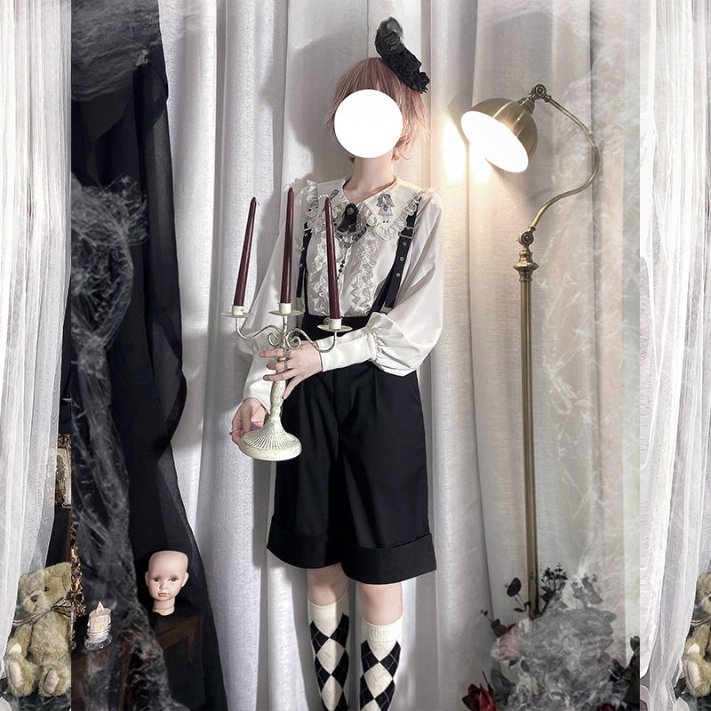 Ouji Fashion Black White Set Ruffled Shirt Suspender Shorts Versatile Academy Shirt Overalls