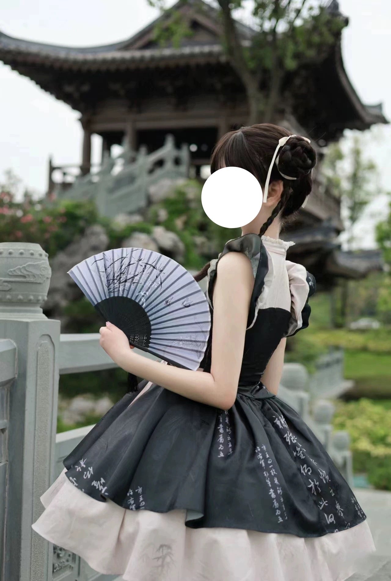 Qi Lolita Green Sweet Bamboo Panda Long Sleeve Lace Short Dress