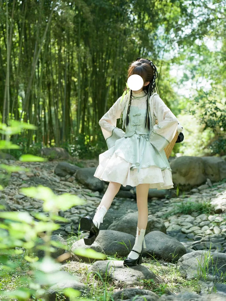 Qi Lolita Green Sweet Bamboo Panda Long Sleeve Lace Short Dress