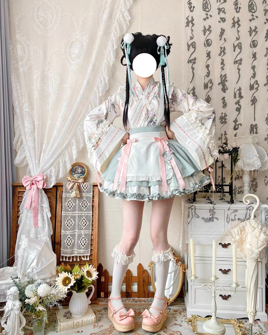 Qi Lolita Sweet Grass Green Printed Flower Long-sleeve Short Cake Dress