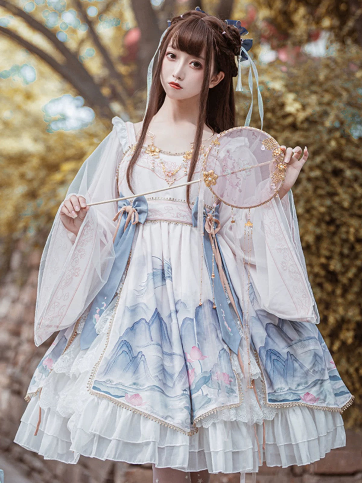 Qi Lolita Blue Black Ink Landscape Painter Long Sleeve Polyester