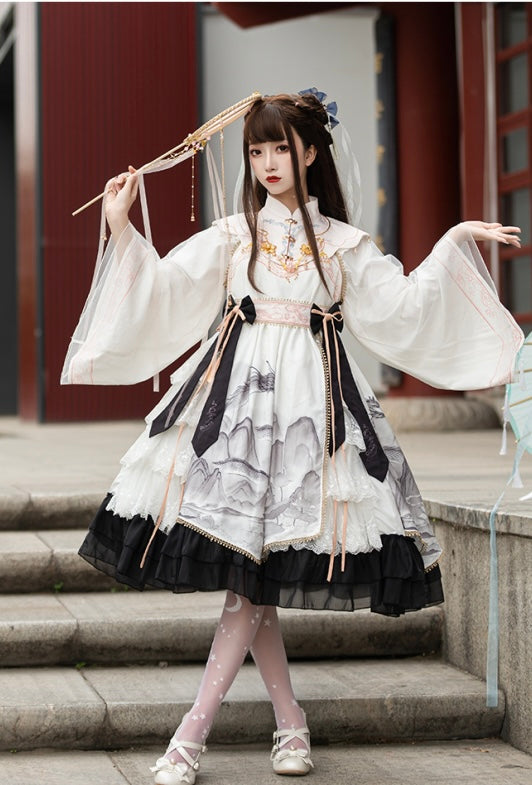 Qi Lolita Blue Black Ink Landscape Painter Long Sleeve Polyester