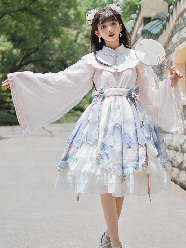 Qi Lolita Blue Black Ink Landscape Painter Long Sleeve Polyester