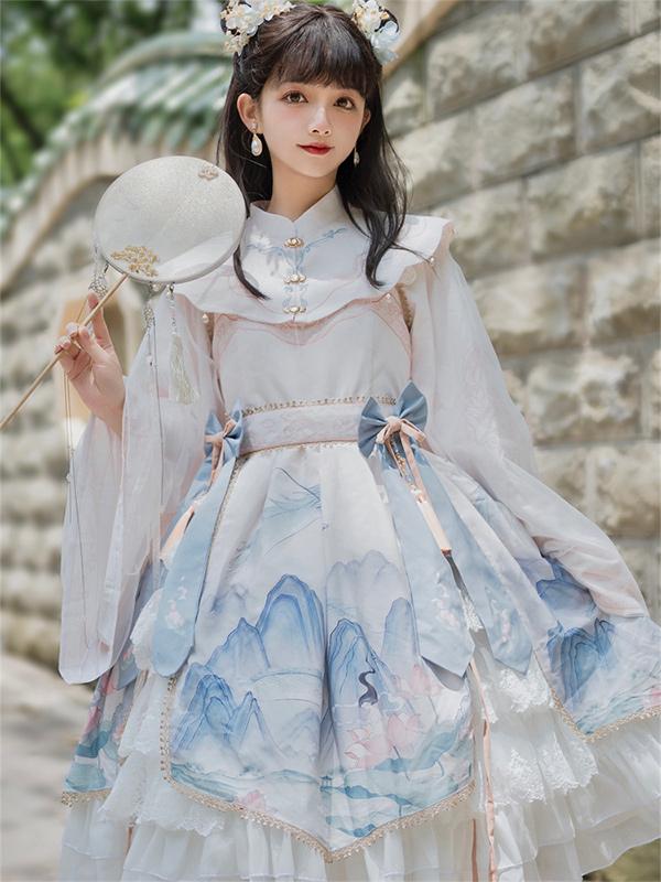 Qi Lolita Blue Black Ink Landscape Painter Long Sleeve Polyester