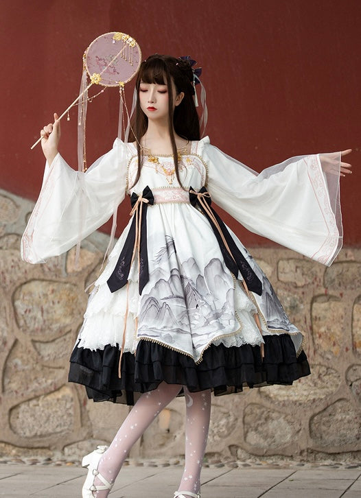 Qi Lolita Blue Black Ink Landscape Painter Long Sleeve Polyester